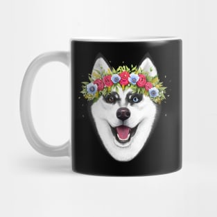 Husky with flowers Mug